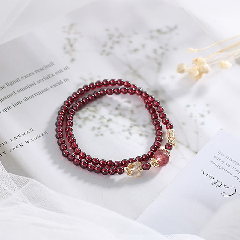 Pulsera de doble vuelta con protección de mariposa, cuarzo fresa, granate natural, chapada en oro de 14 quilates con Buddha Stones