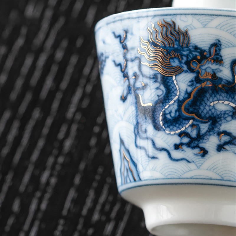 Tazas de té de cerámica con diseño de dragón blanco y azul pequeño de Buddha Stones, tazas de té de Kung Fu de 45ml