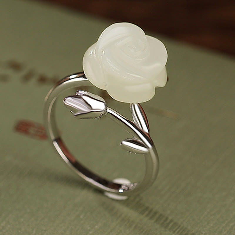 Anillo de felicidad de jade blanco hetiano con flor de rosa dorada chapada en plata de ley 925 con Buddha Stones