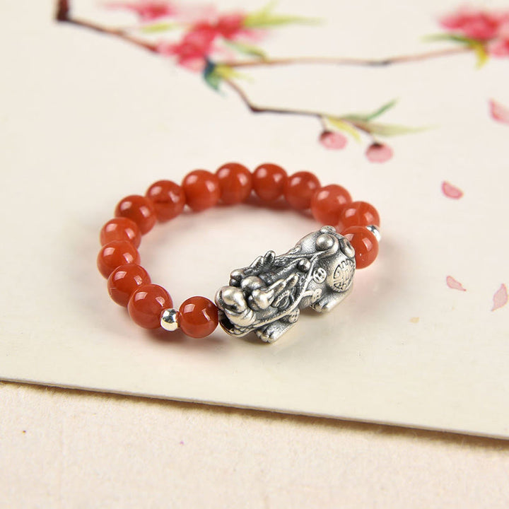 Buddha Stones Anillo de plata de ley 925 con piedra lunar granate natural, ágata roja, PiXiu