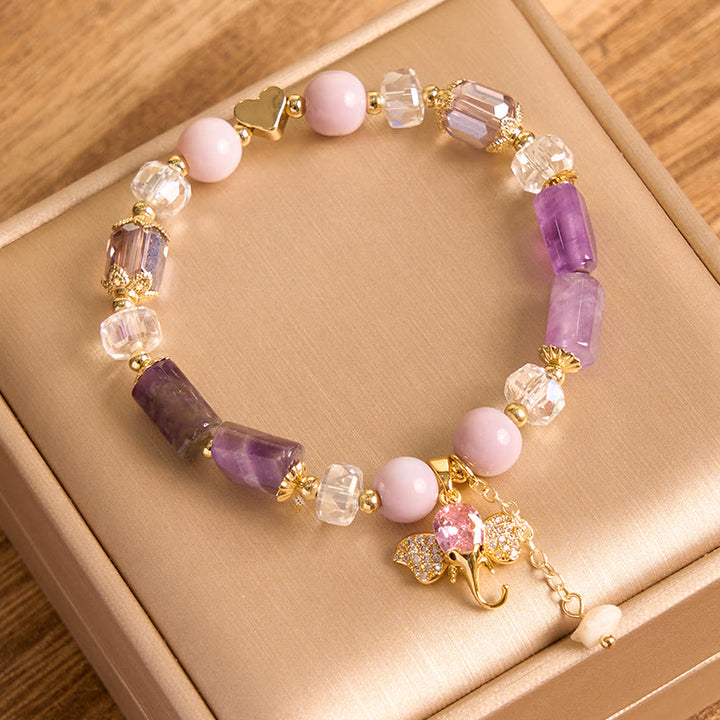Pulsera con dije de elefante positivo, Buddha Stones , amatista, aventurina verde, cuarzo fresa
