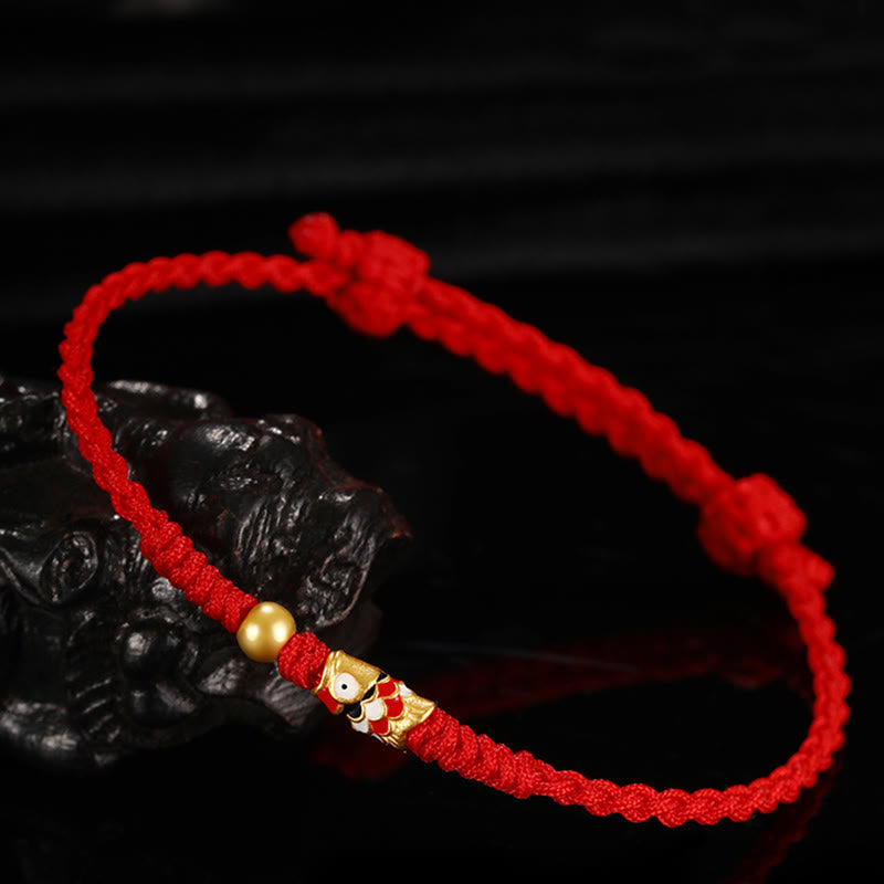Pulsera de hilo trenzado hecha a mano con pez Koi de la suerte de oro 999 de Buddha Stones