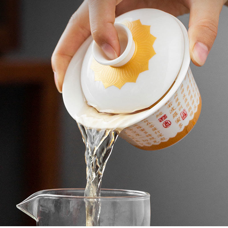 Taza de té y platillo con tapa, taza de té de cerámica Gaiwan, Sutra de corazón budista con Buddha Stones, pequeño personaje Fu
