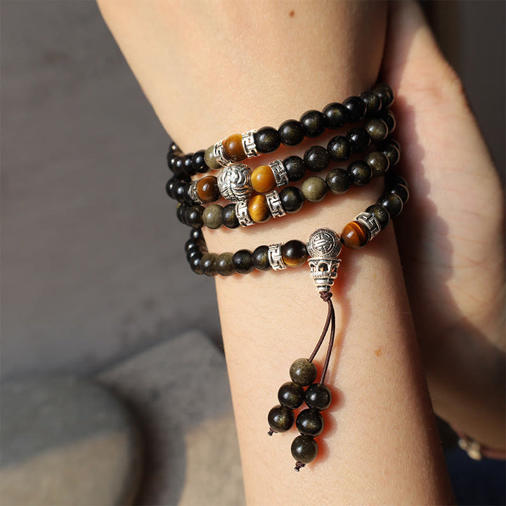 Collar Pulsera Energía Obsidiana Dorada