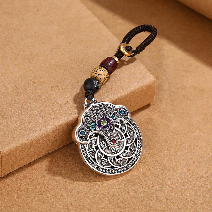 Llavero de riqueza auspiciosa con moneda de cobre y flor de peonía con Buddha Stones