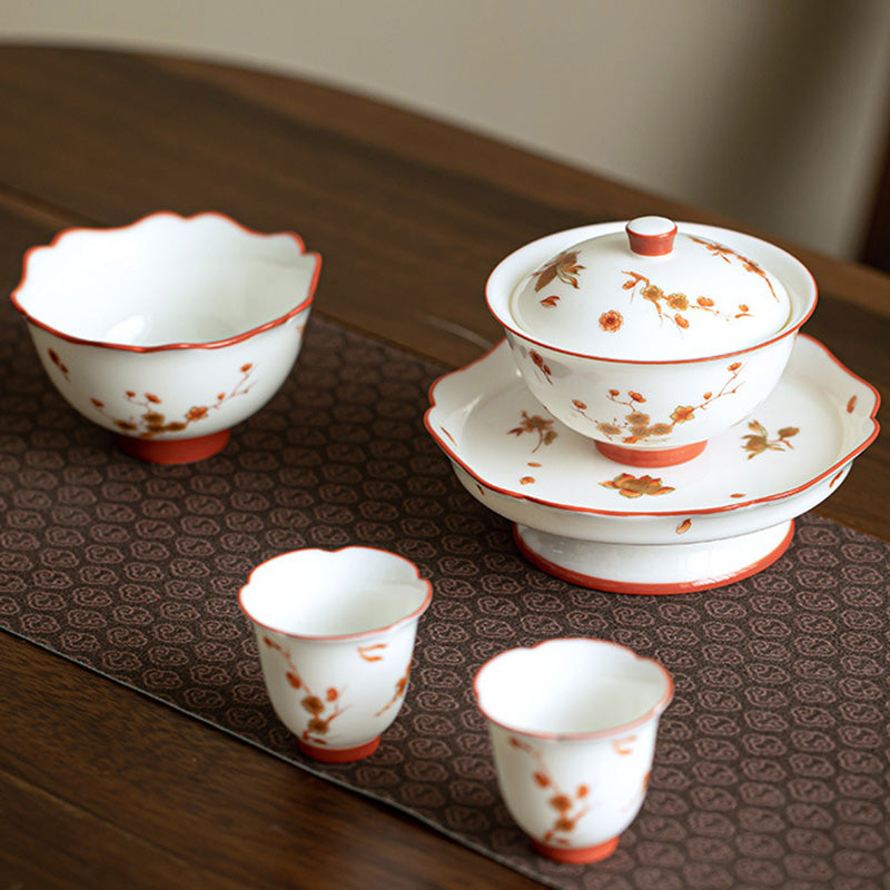 Taza de té y platillo con tapa, Gaiwan Sancai de cerámica, flores de porcelana blanca, Buddha Stones, Kung Fu