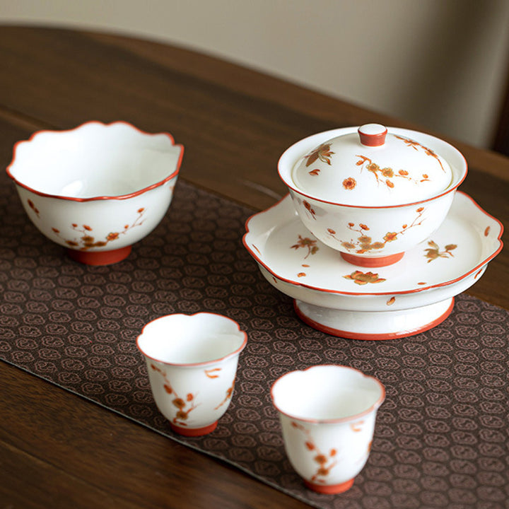 Taza de té y platillo con tapa, Gaiwan Sancai de cerámica, flores de porcelana blanca, Buddha Stones, Kung Fu