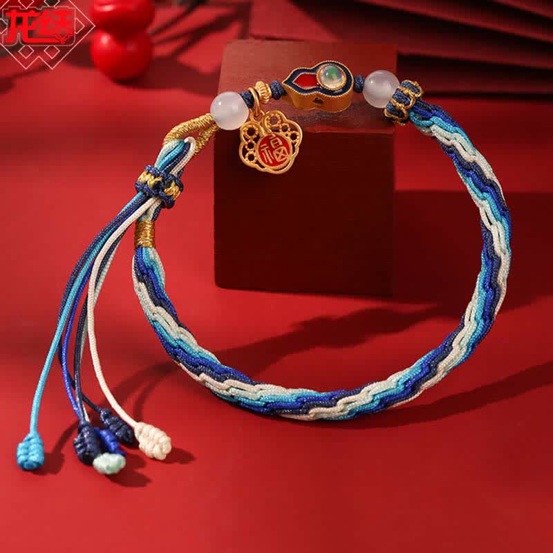Pulsera de nudo de reencarnación con cuerda de bendición de calabaza hecha a mano de plata de ley 925