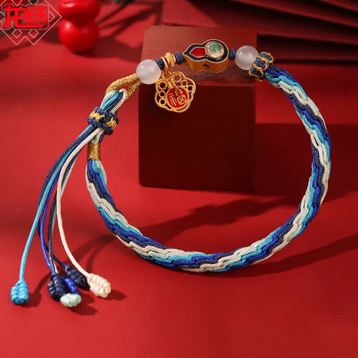 Pulsera de nudo de reencarnación con cuerda de bendición de calabaza hecha a mano de plata de ley 925