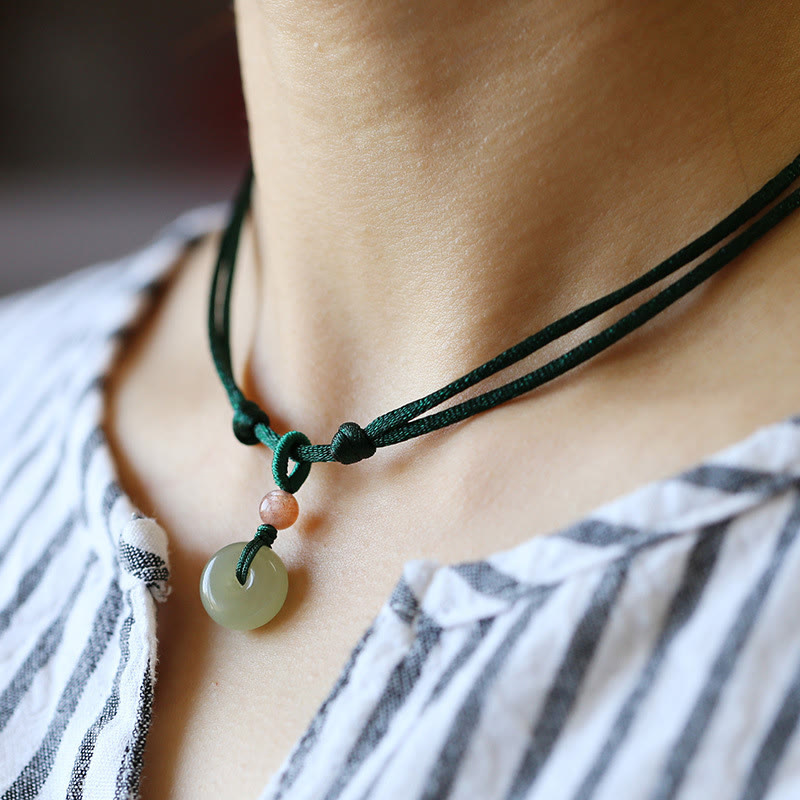 Colgante de collar de cadena de abundancia de loto con hebilla de paz de Jade redondo Natural - Verde - Hebilla de la paz - image 2