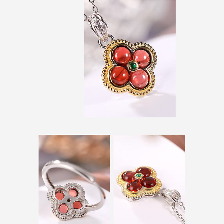 Anillo con colgante de plata de ley 925 con Buddha Stones, granate natural, trébol de cuatro hojas