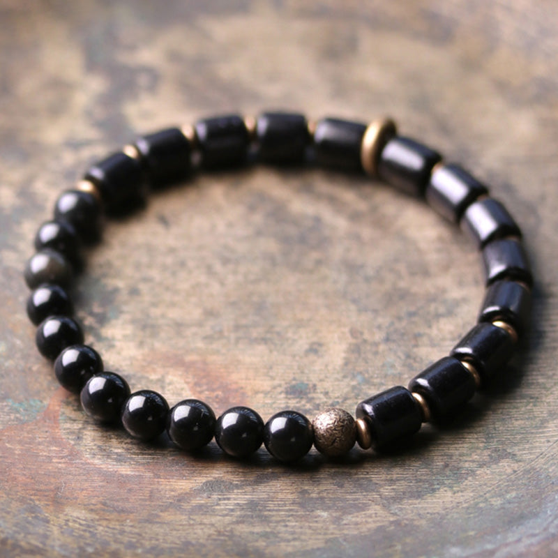 Pulsera de pareja de paz con Buddha Stones, madera de ébano, jaspe rojo, ágata de musgo, cristal, cobre