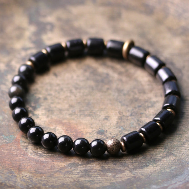 Pulsera de pareja de paz con Buddha Stones, madera de ébano, jaspe rojo, ágata de musgo, cristal, cobre