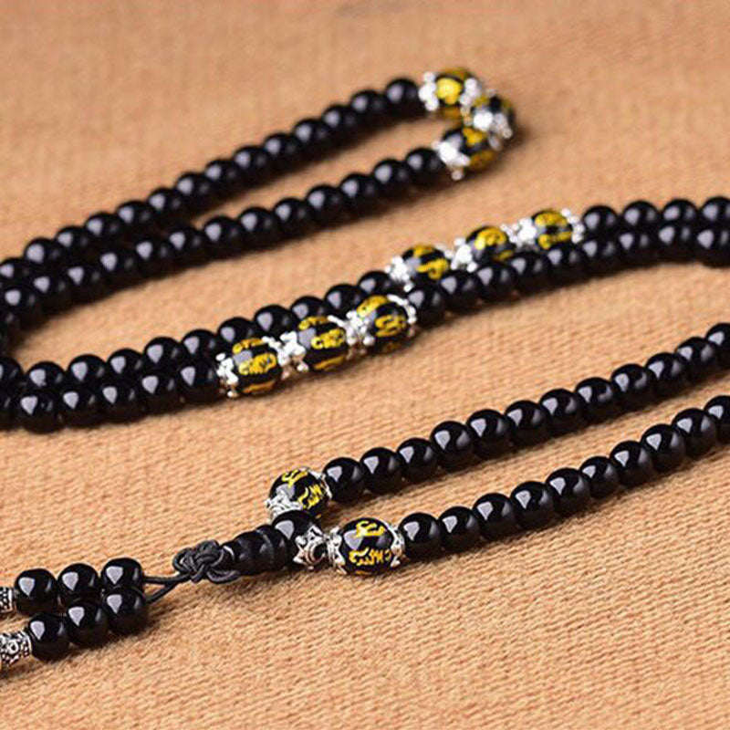 Pulsera Mala de protección con seis palabras verdaderas de obsidiana negra con Buddha Stones