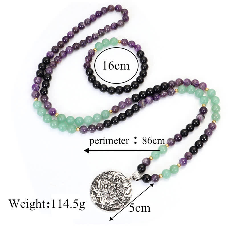 Pulsera de meditación con Buddha Stones , 108 cuentas Mala, amatista, aventurina verde, loto