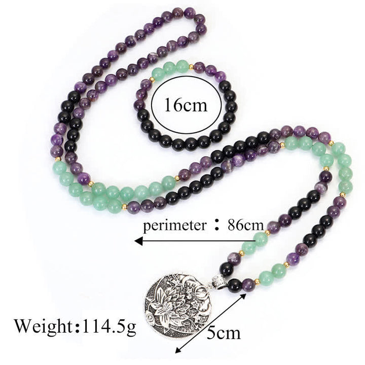 Pulsera de meditación con Buddha Stones , 108 cuentas Mala, amatista, aventurina verde, loto