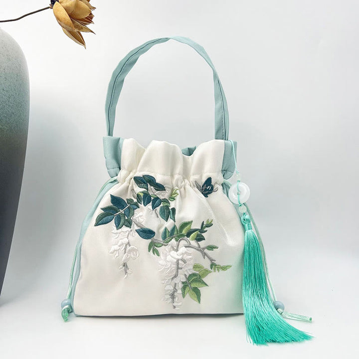 Buddha Stones Flores bordadas Wisteria Lily Algodón Lino Tote Bolso bandolera Bolso de hombro Bolso