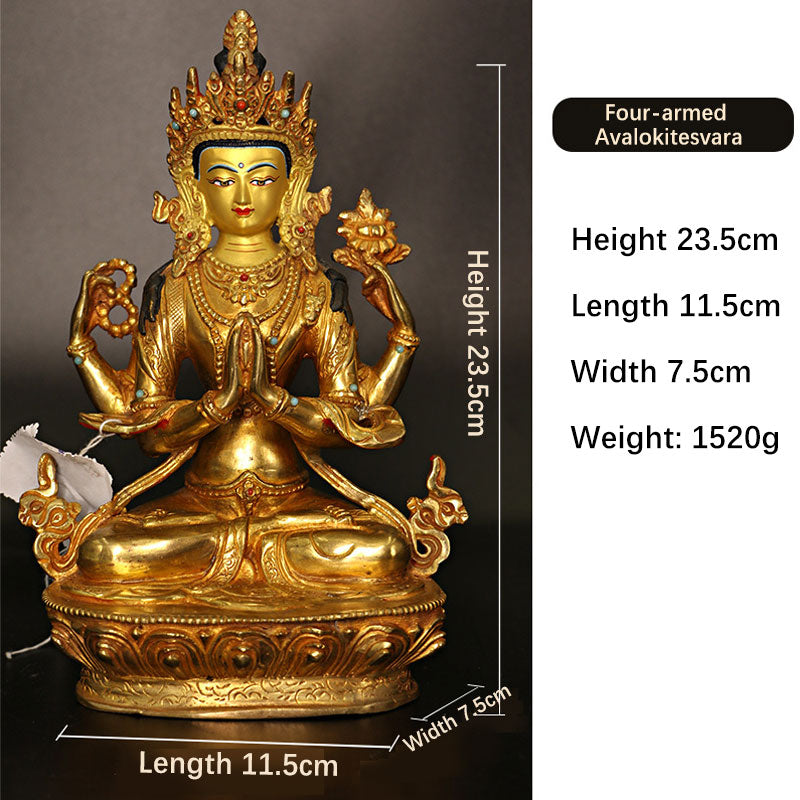 Bodhisattva Tara Chenrezig, protección de Avalokitesvara de cuatro brazos, decoración de estatua chapada en oro y cobre