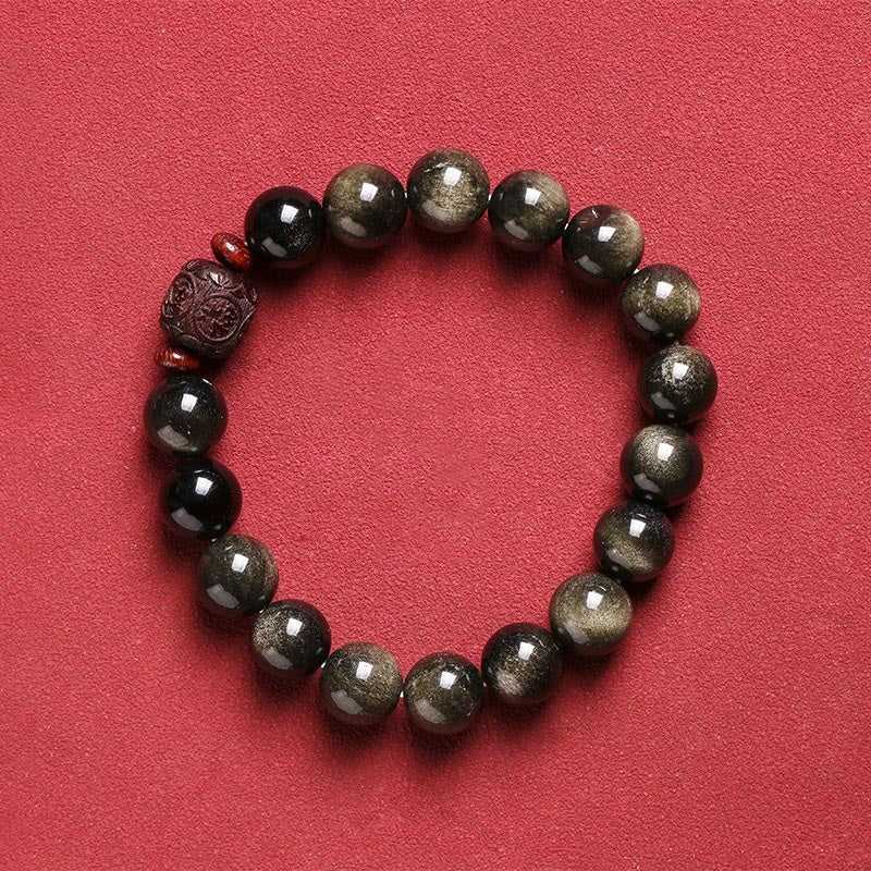 Pulsera curativa con carácter de obsidiana arcoíris de obsidiana con brillo de oro natural con Buddha Stones Om Mani Padme Hum Fu