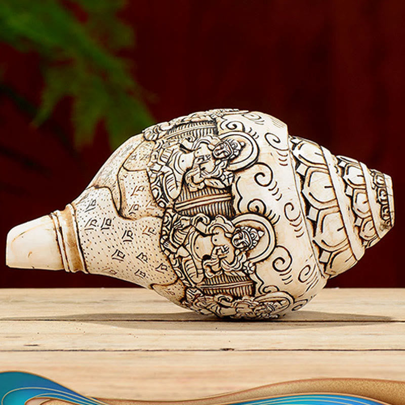 Concha tibetana hecha a mano grabada Shankha Buddha Avalokitesvara, decoración de riqueza