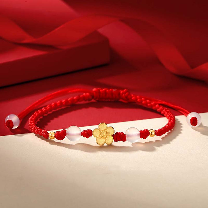 Pulsera de cuerda roja de la suerte con cuentas de calcedonia, cereza, flor de melocotón, Plata de Ley 925 hecha a mano con Buddha Stones