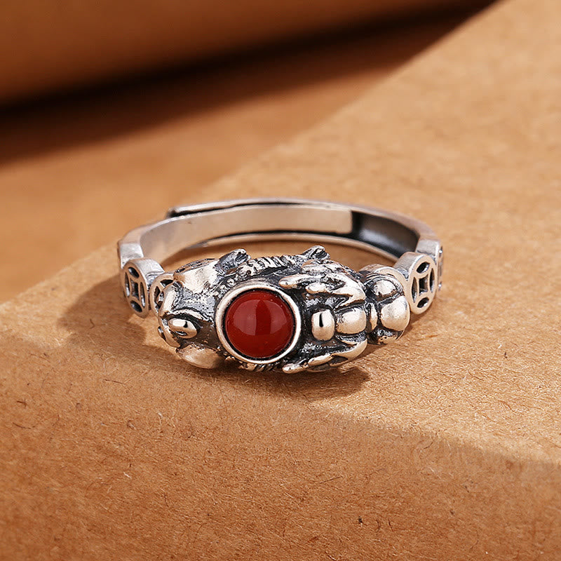 Anillo de la suerte de la riqueza de la ágata roja de la moneda de cobre de las Buddha Stones PiXiu