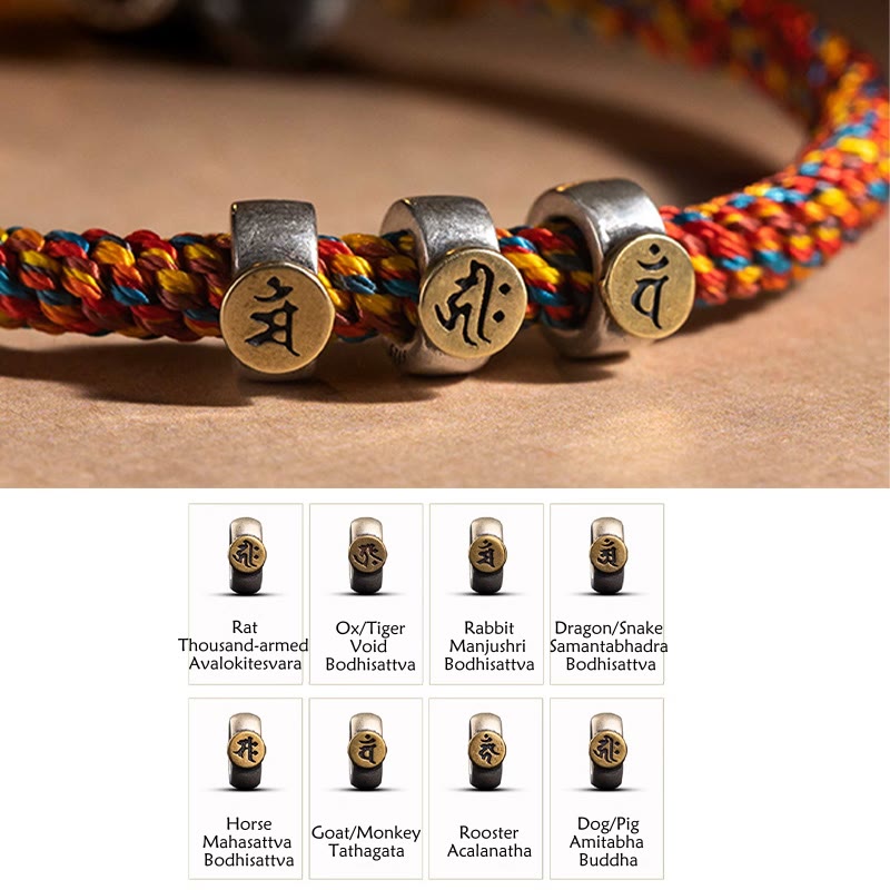 Buddha Stones hechas a mano tibetana de plata de ley 925, zodíaco chino, Buda natal Zakiram, diosa de la protección de la riqueza, pulsera trenzada de cuerda multicolor