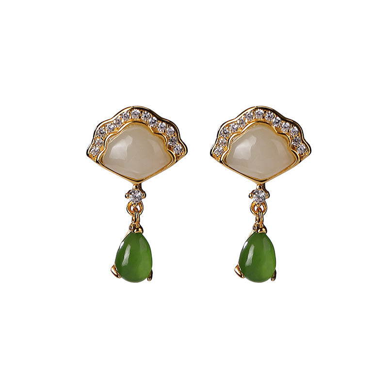 Pendientes colgantes de suerte con diseño de gota de agua y abanico de jade blanco con Buddha Stones