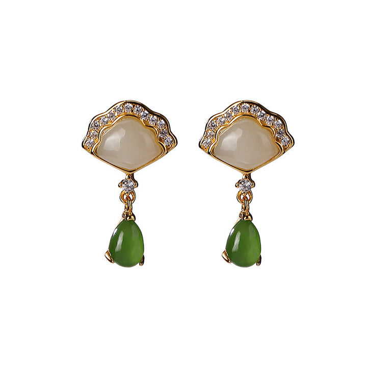 Pendientes colgantes de suerte con diseño de gota de agua y abanico de jade blanco con Buddha Stones