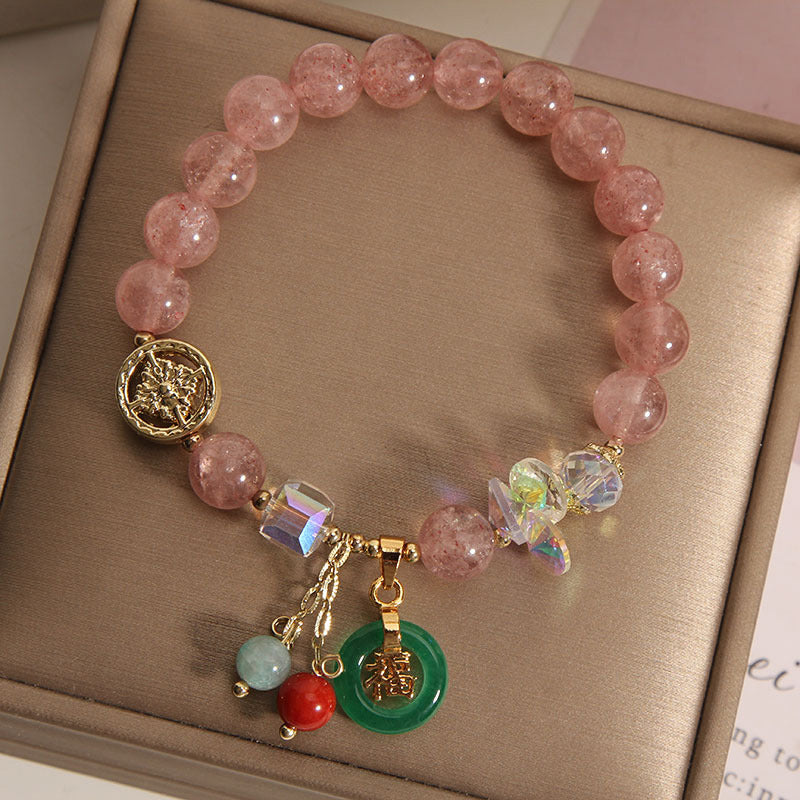Pulsera curativa con dije de personaje Fu de jade, cuarzo fresa y piedras de Buddha Stones