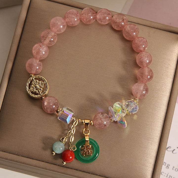 Pulsera curativa con dije de personaje Fu de jade, cuarzo fresa y piedras de Buddha Stones