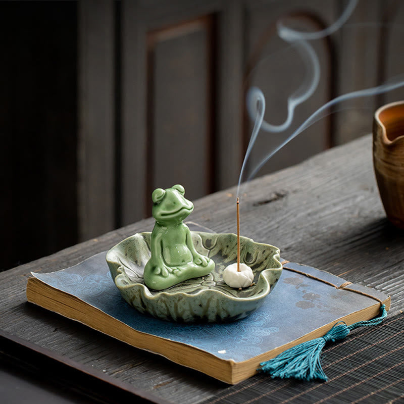 Quemador de incienso de cerámica curativo con patrón de rana para meditación de hojas de Buddha Stones, decoración