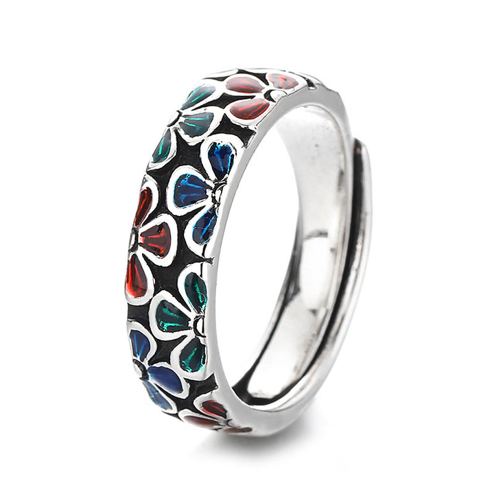 Anillo ajustable de cobre curativo con diseño de flores de ciruelo coloridas y Buddha Stones