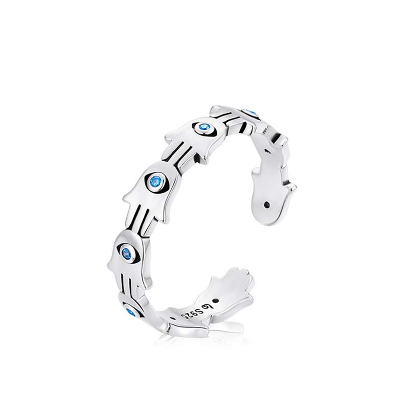 Anillo ajustable con circonita y símbolo de Hamsa de plata de ley 925 con Buddha Stones