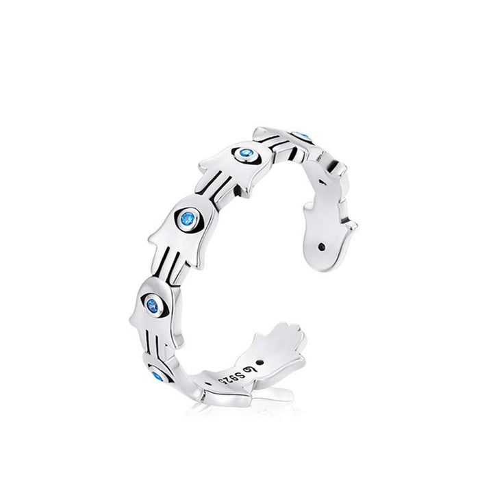 Anillo ajustable con circonita y símbolo de Hamsa de plata de ley 925 con Buddha Stones