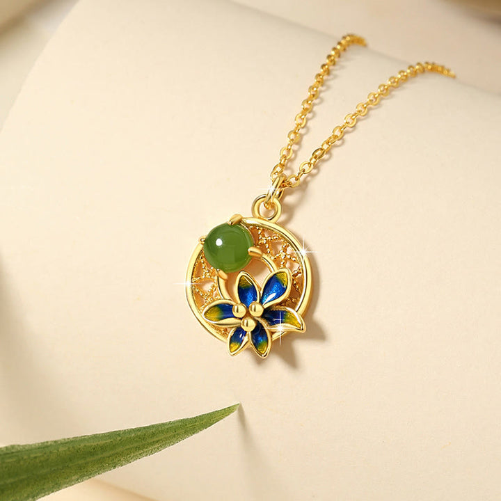 Juego de pendientes y anillo con colgante de flor de Jade cian hetiano Natural de plata de ley 925 con Buddha Stones