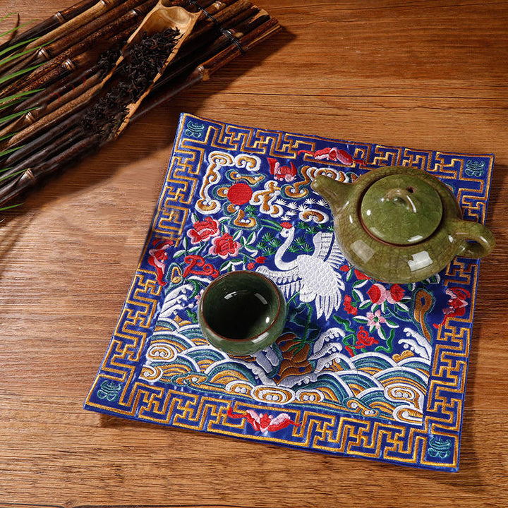 Tapete para tazas bordado con Buddha Stones, grulla, dragón Fénix, Kirin, posavasos para tazas de té, tapete para té cuadrado Kung Fu