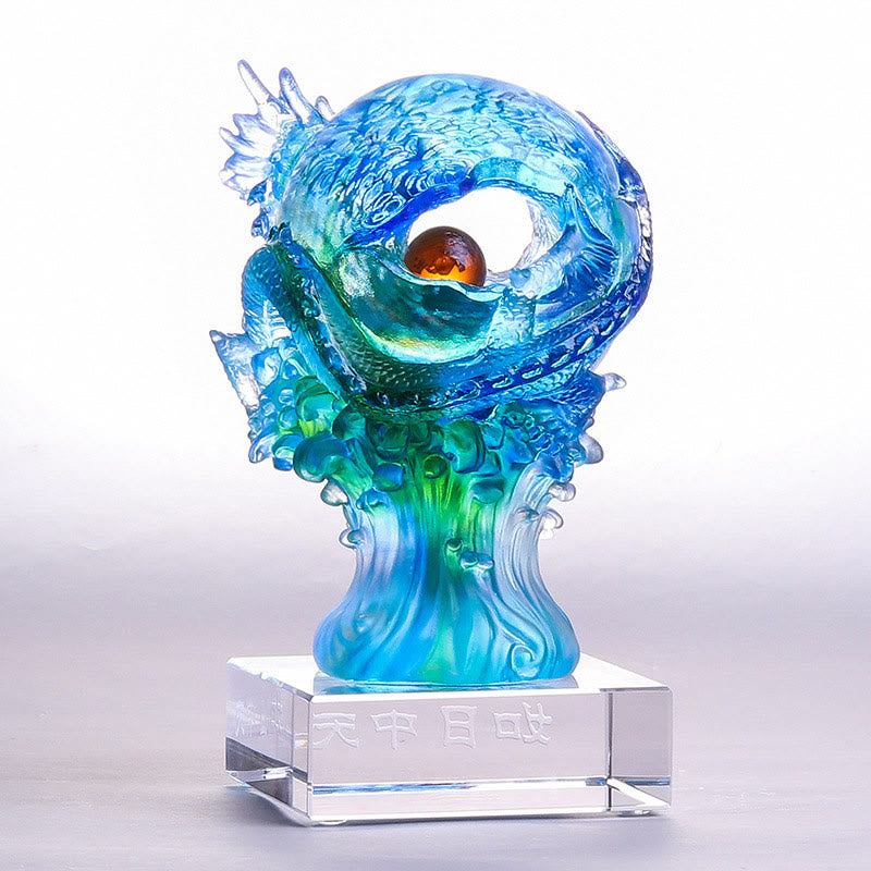 Buddha Stones hechas a mano, dragón azul Liuli, pieza de arte con cristal, protección del éxito, decoración para el hogar y la Oficina