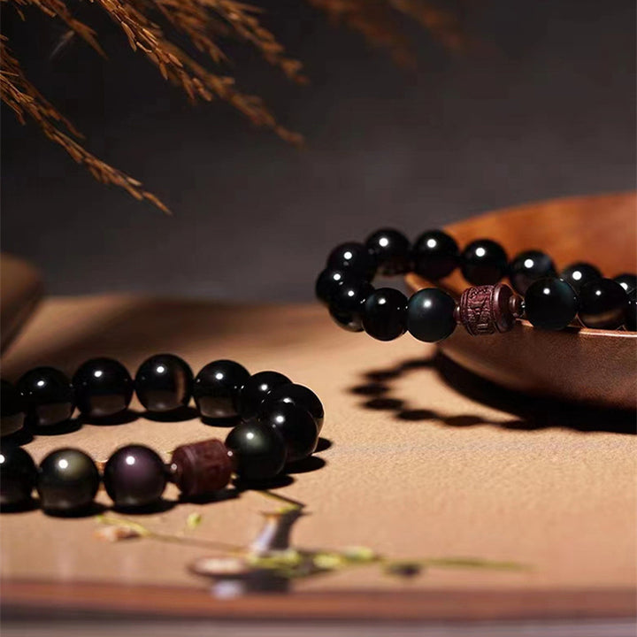 Pulsera curativa con carácter de obsidiana arcoíris de obsidiana con brillo de oro natural con Buddha Stones Om Mani Padme Hum Fu