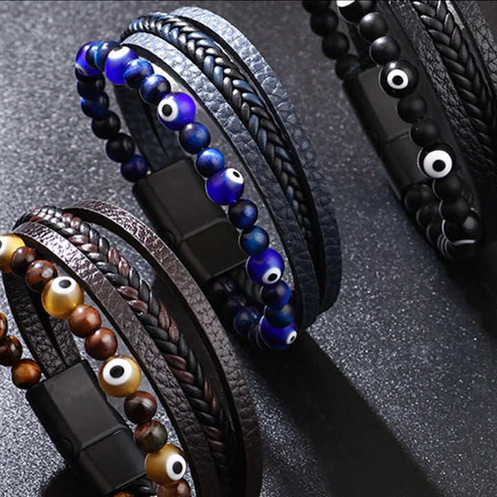 Pulsera trenzada multicapa con cuentas de protección de ojo de tigre de ojo malvado de Buddha Stones