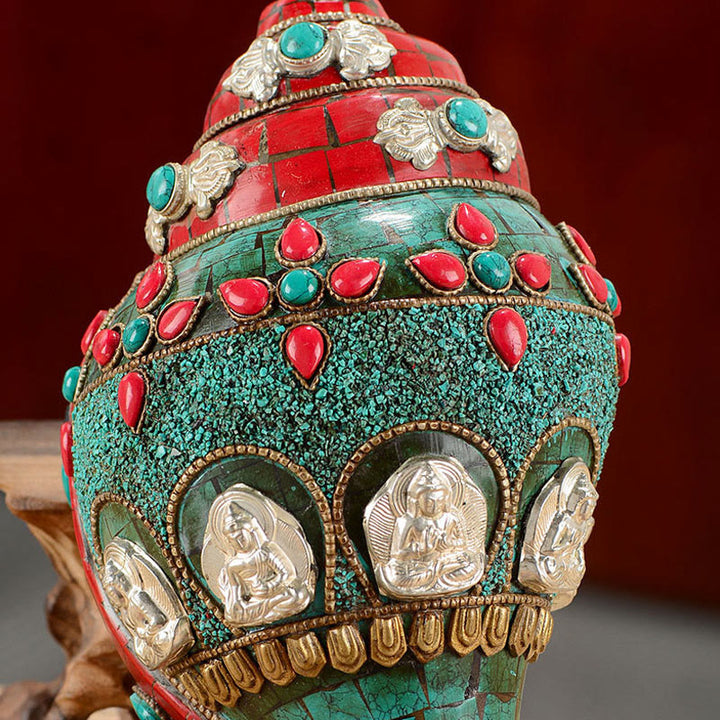Tibetano hecho a mano Shankha Om Mani Padme Hum Buda Avalokitesvara turquesa Concha decoración positiva