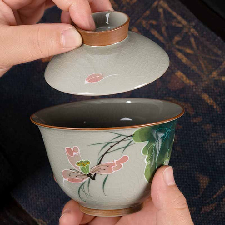 Buddha Stones, loto, pez Koi, hoja de vaina, taza de té de cerámica Gaiwan Sancai, taza de té de Kung Fu y platillo con tapa, 140ml