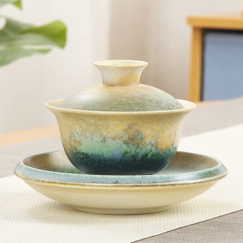 Taza de té y platillo de cerámica de porcelana con diseño de olas del océano, Buddha Stones , Gaiwan Sancai, Kung Fu, con tapa - 13,5 cm x 9,5 cm x 150 ml - image 5