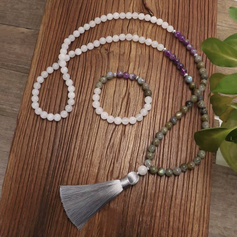 Pulsera de protección de piedra con brillo negro, 108 cuentas Mala, ágata blanca, amatista