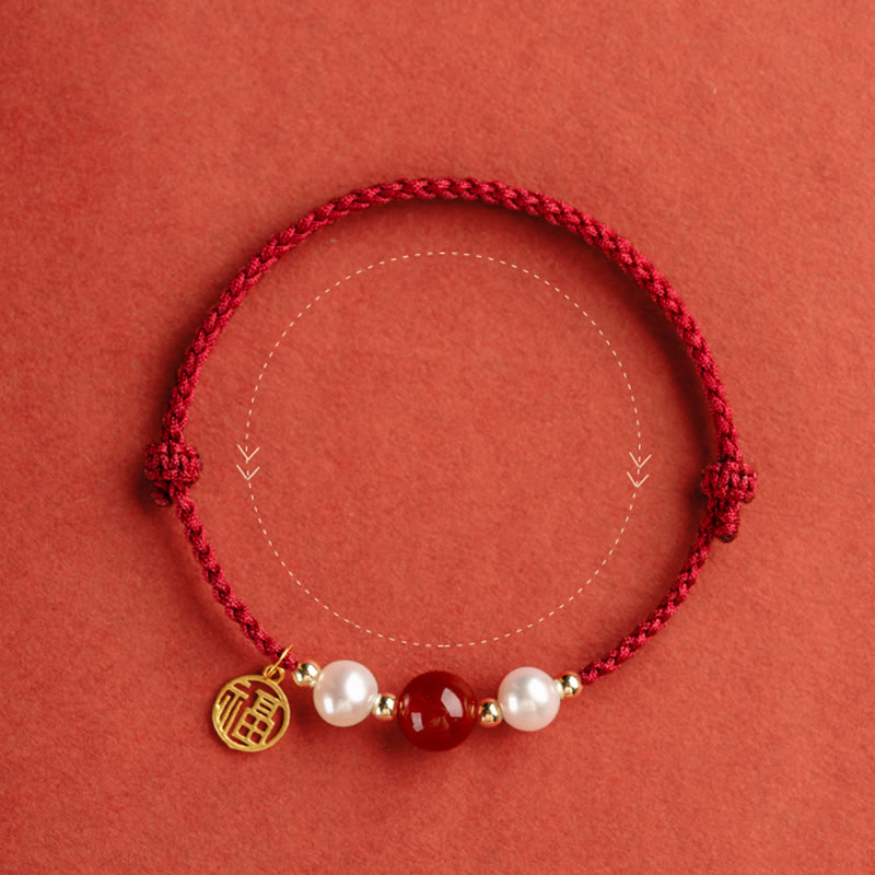 Pulsera trenzada de hilo rojo con perlas de ágata y carácter de buena fortuna de plata de ley 925 con Buddha Stones