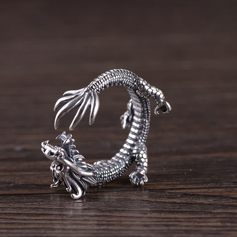 Anillo de protección de la suerte del dragón de plata de ley 925
