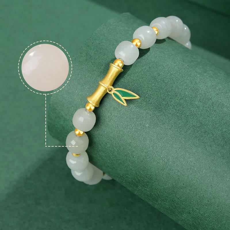 Pulsera de la suerte de bambú de jade blanco hetiano de plata de ley 925 con Buddha Stones