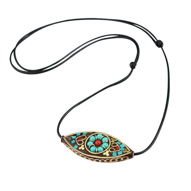 Collar con colgante de fuerza de protección con patrón de marquesa, cuentas de turquesa del Tíbet, Buddha Stones