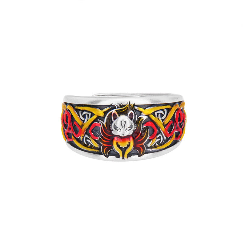 Anillo de protección de éxito de zorro de nueve colas de plata de ley 999 con Buddha Stones