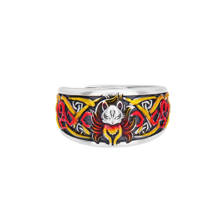 Anillo de protección de éxito de zorro de nueve colas de plata de ley 999 con Buddha Stones